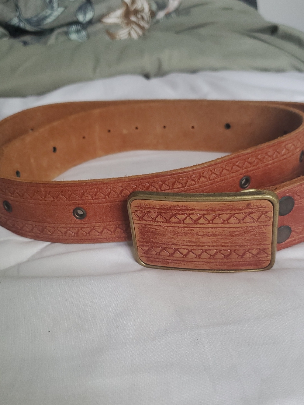 Women's Tan Embossed Leather Belt with Decorative Brass Buckle